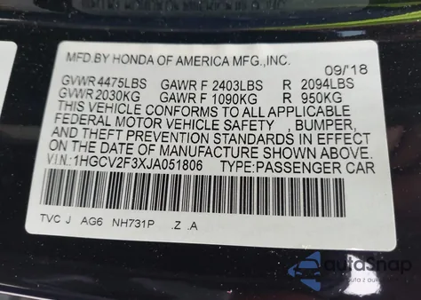 2018 Honda Accord Sport 2.0T z USA, uszkodzony, nr VIN 1HGCV2F3XJA051806